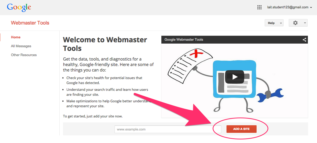 This screenshot shows the button to click to add your website to your Google Webmaster Tools account