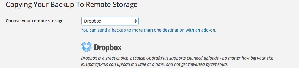 A screenshot showing the Updraft Plus 'choose remote storage' option in WordPress
