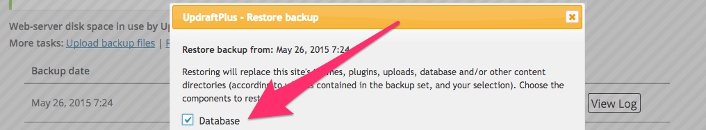 A screenshot showing the Updraft Plus 'Restore Database' option in WordPress