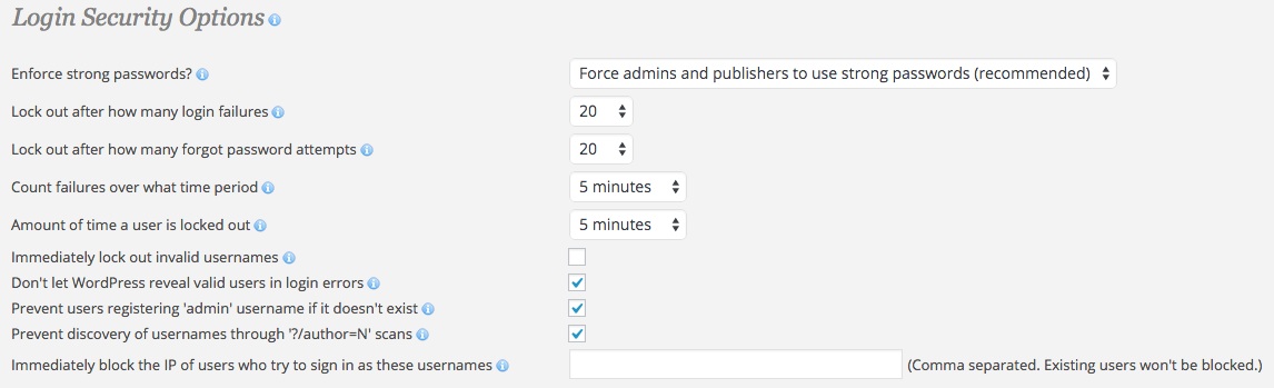 A screenshot showing the Wordfence plugin's 'Advanced Options - Login Security Options' area in WordPress