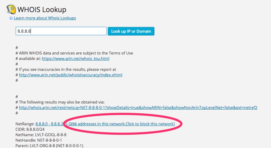 A screenshot showing the Wordfence plugin's 'Whois Lookup' networking blocking feature in WordPress