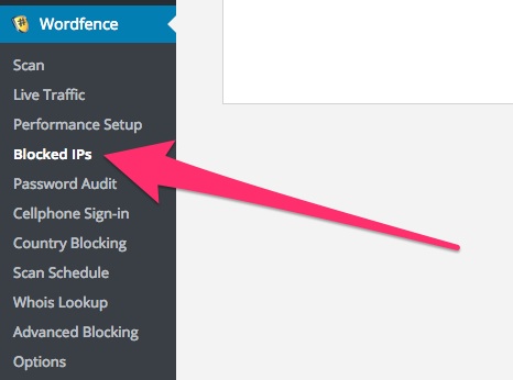 A screenshot showing the Wordfence plugin's 'Blocked IPs' menu item in WordPress