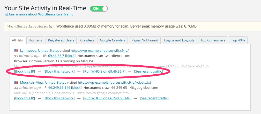 A screenshot showing the Wordfence plugin's 'Live Traffic' feature in WordPress