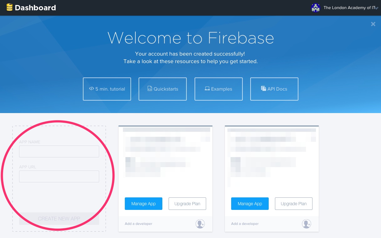 A screenshot showing the Firebase account Dashboard