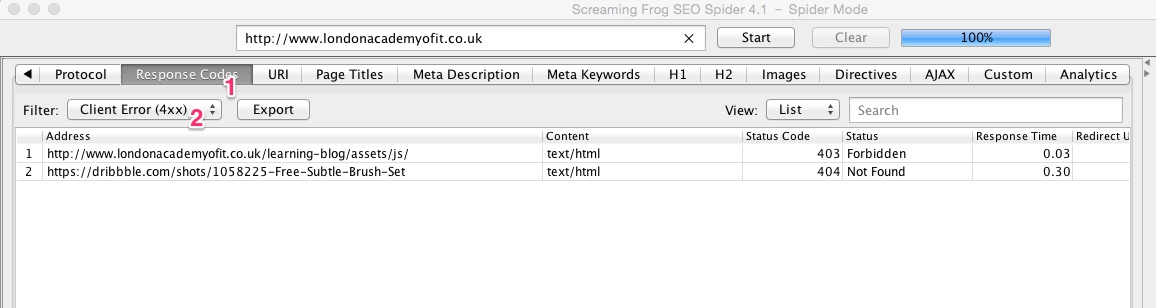A screenshot of the Screaming Frog SEO Spider tool revealing broken links on the website