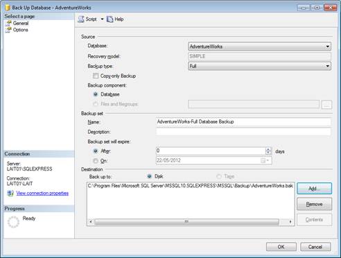 Backup a database using SQL Server  Management Studio