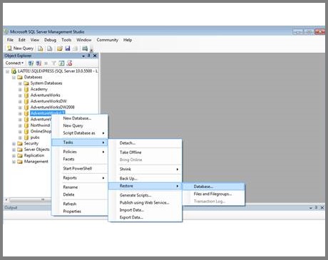 Restore a database using SQL Server  Management Studio