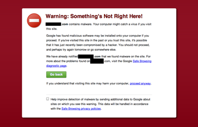 This screenshot shows a warning from Google about a hacked website, blocking the user from visiting the site