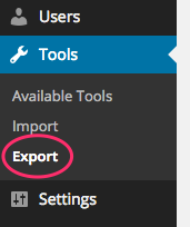 This screenshot shows the Export menu item in the WordPress Dashboard