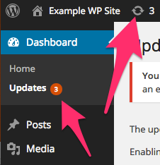 A screenshot of the WordPress Dashboard showing updates are available