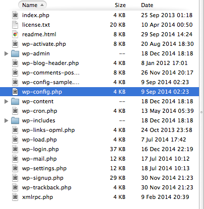 This screenshot shows the contents of a WordPress website folder, with the wp-config.php file highlighted