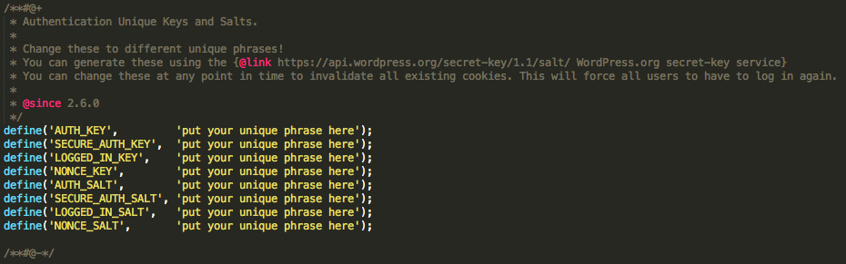 A screenshot of a WordPress wp-config.php file showing where the Unique Keys and Salts section is