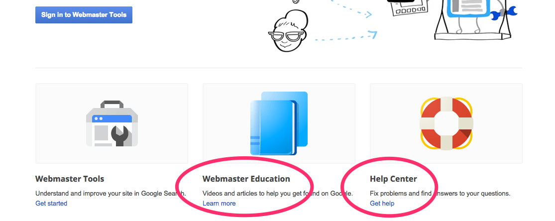 A screenshot of the links to helpful resources for learning more about Google's Webmaster Tools