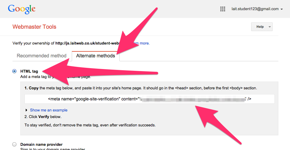 Screenshot of the alternate methods offered for verifying your website with Google Webmaster Tools