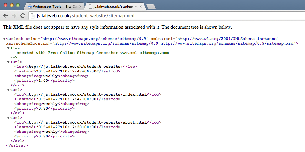 A screenshot of an example XML sitemap