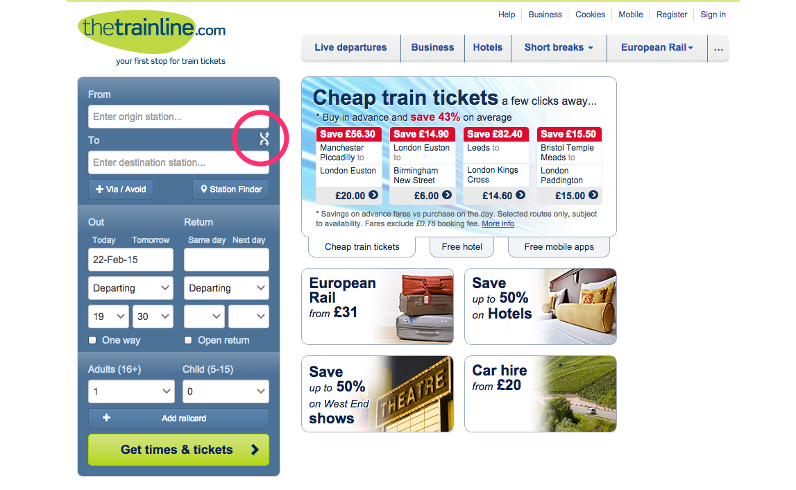 An example of good user experience provided by a train-booking form that allows users to easily switch the direction of the journey