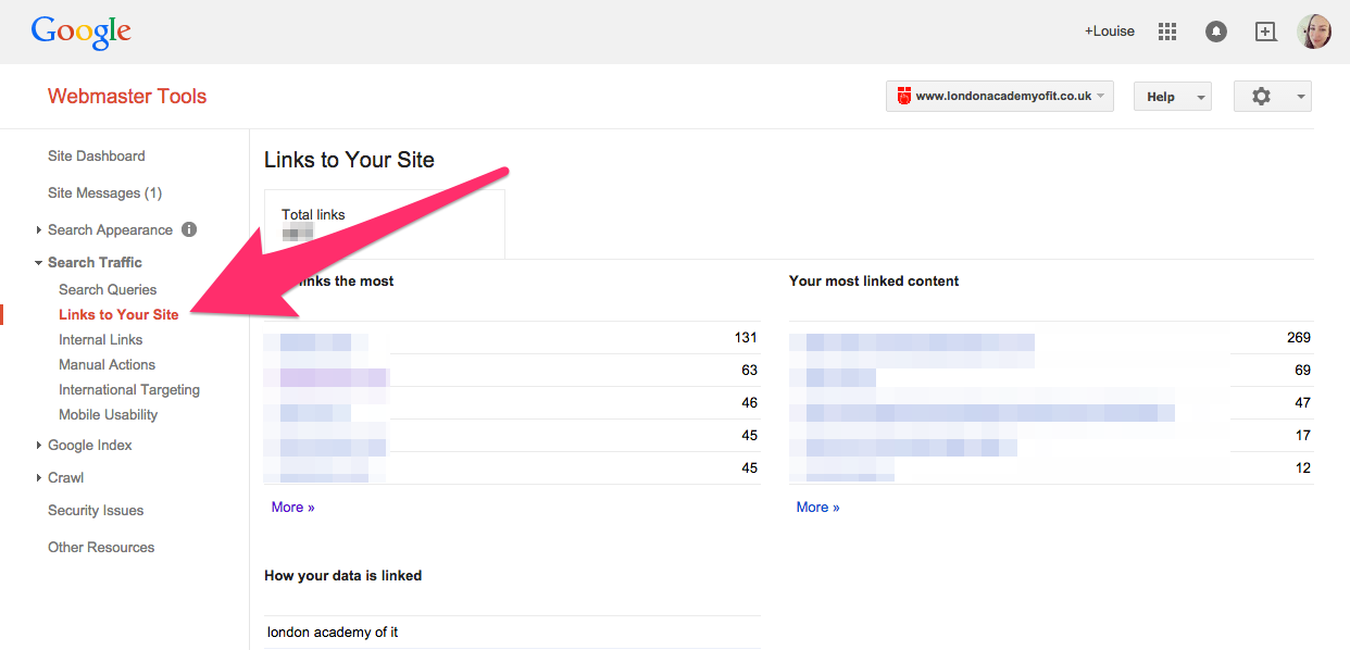 A screenshot of Google Webmaster Tools' Links to Your Site view