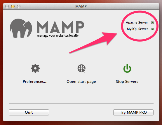 A screenshot of MAMP showing the Apache and MySQL process are running