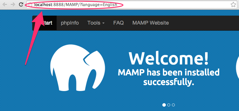 A screenshot of the MAMP start page with the URL in the address bar highlighted