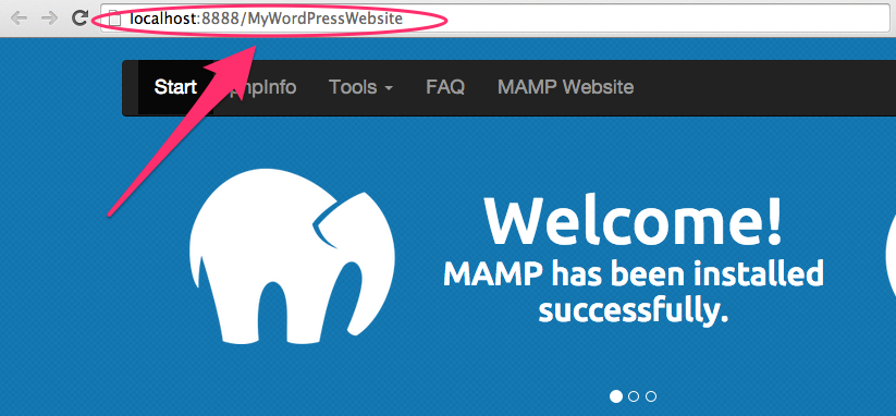 A screenshot of the MAMP start page with the URL changed to the name of the folder in htdocs that contains the WordPress files