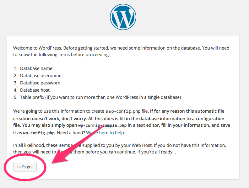 The second step in the final WordPress installation process