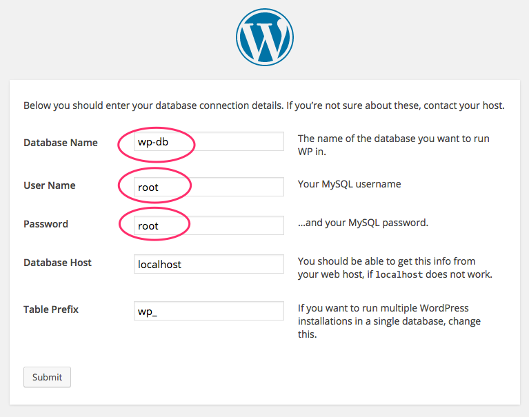 A screenshot of the filled-in WordPress installation form