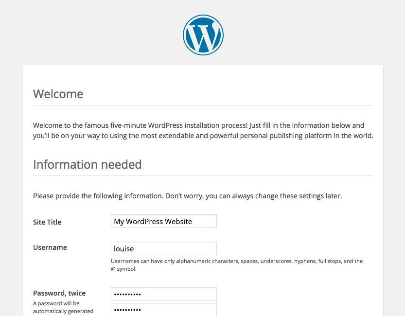 A screenshot of the WordPress '5-minute installation' screen
