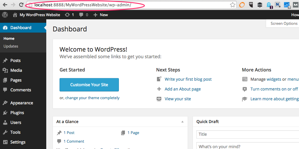 A screenshot of the WordPress Dashboard welcome screen with the localhost URL in the address bar highlighted
