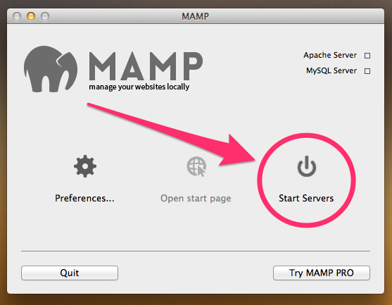 A screenshot of the MAMP control panel with the Start Servers button highlighted