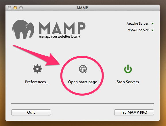 A screenshot of the MAMP control panel with the WebStart icon highlighted