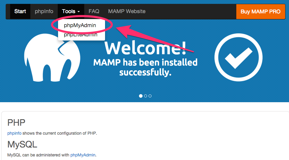 A screenshot of the MAMP welcome screen and the phpMyAdmin link