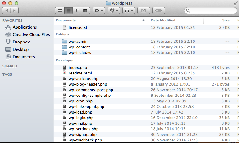 A screenshot showing the contents of the extracted WordPress folder