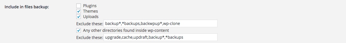 A screenshot showing the Updraft Plus 'files to include in backup' settings in WordPress