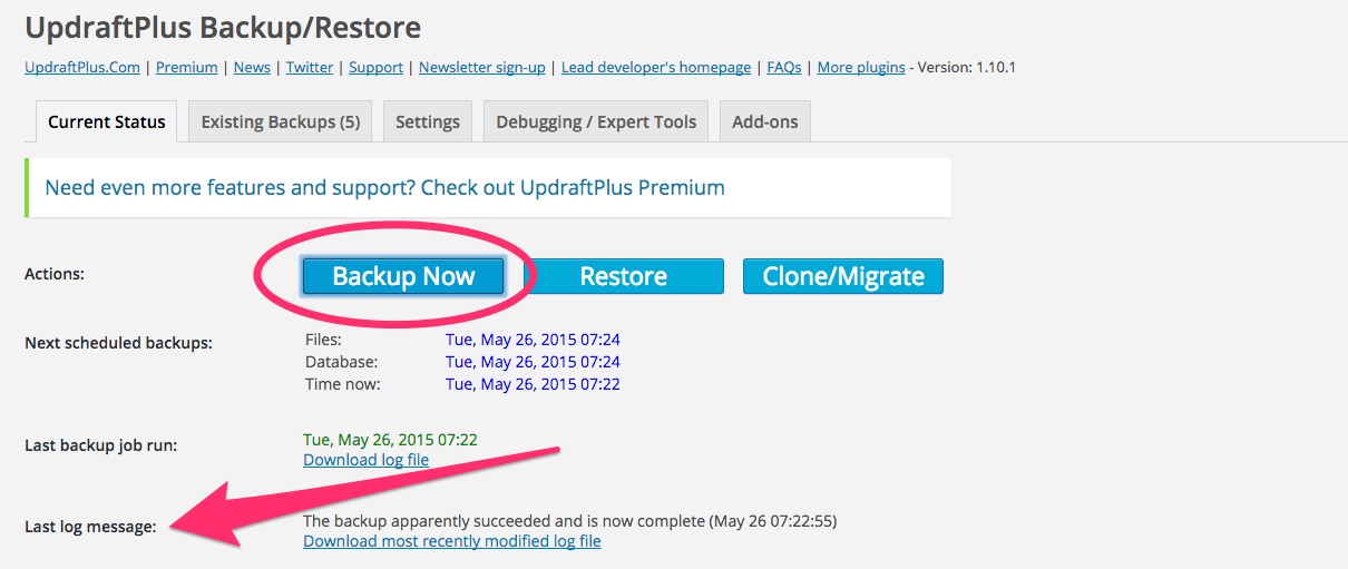A screenshot showing that Updraft Plus has successfully completed a backup in WordPress