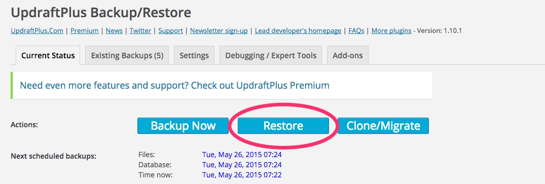 A screenshot showing the Updraft Plus 'Restore' button in WordPress