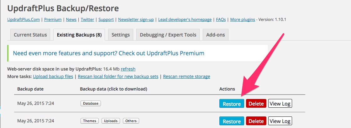 A screenshot showing the 'Restore' option in Updraft Plus in WordPress