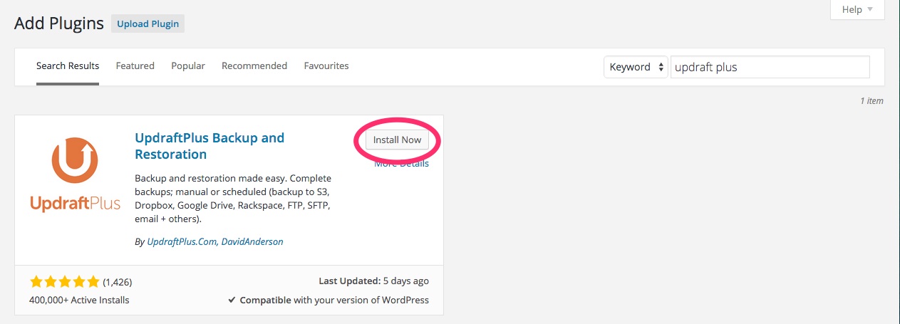 A screenshot showing the button to install the Updraft Plus plugin in WordPress