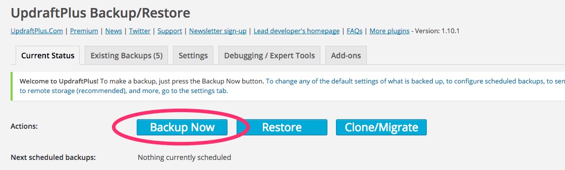 A screenshot showing the Updraft Plus 'Backup Now' button in WordPress