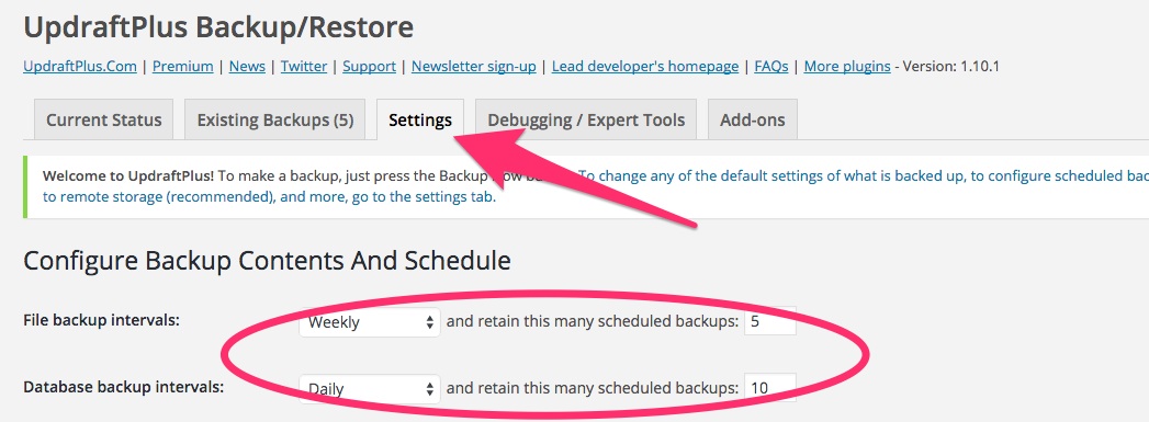 A screenshot showing the backup interval settings in Updraft Plus in WordPress