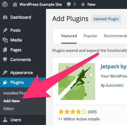 A screenshot showing the 'Add New Plugins' menu item in WordPress