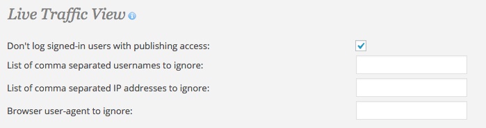 A screenshot showing the Wordfence plugin's 'Advanced Options - Live Traffic view' area in WordPress
