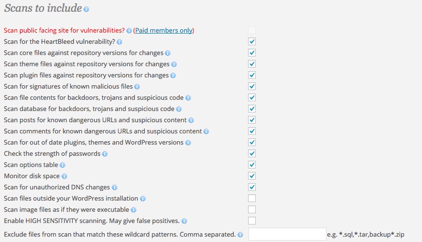 A screenshot showing the Wordfence plugin's 'Advanced Options - Scans to include' area in WordPress