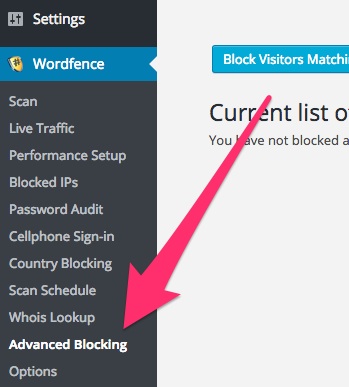 A screenshot showing the Wordfence plugin's 'Advanced Blocking' menu item in WordPress
