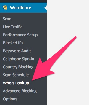 A screenshot showing the Wordfence plugin's 'Whois Lookup' menu item in WordPress