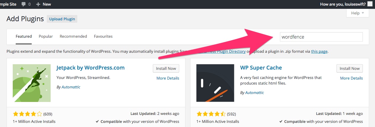 A screenshot showing the search box in the Add Plugins area in WordPress
