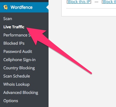 A screenshot showing the Wordfence plugin's 'Live Traffic' menu item in WordPress