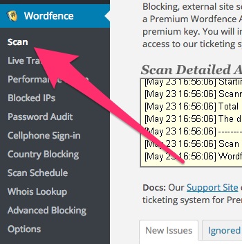 A screenshot showing the Wordfence plugin's 'Scan' menu item in WordPress