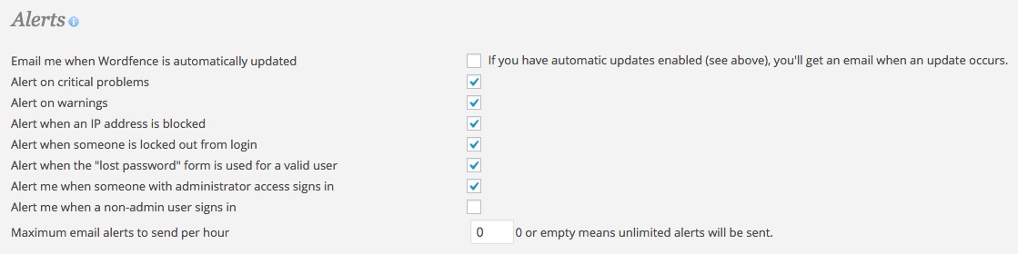 A screenshot showing the Wordfence plugin's 'Advanced Options - Alerts' area in WordPress