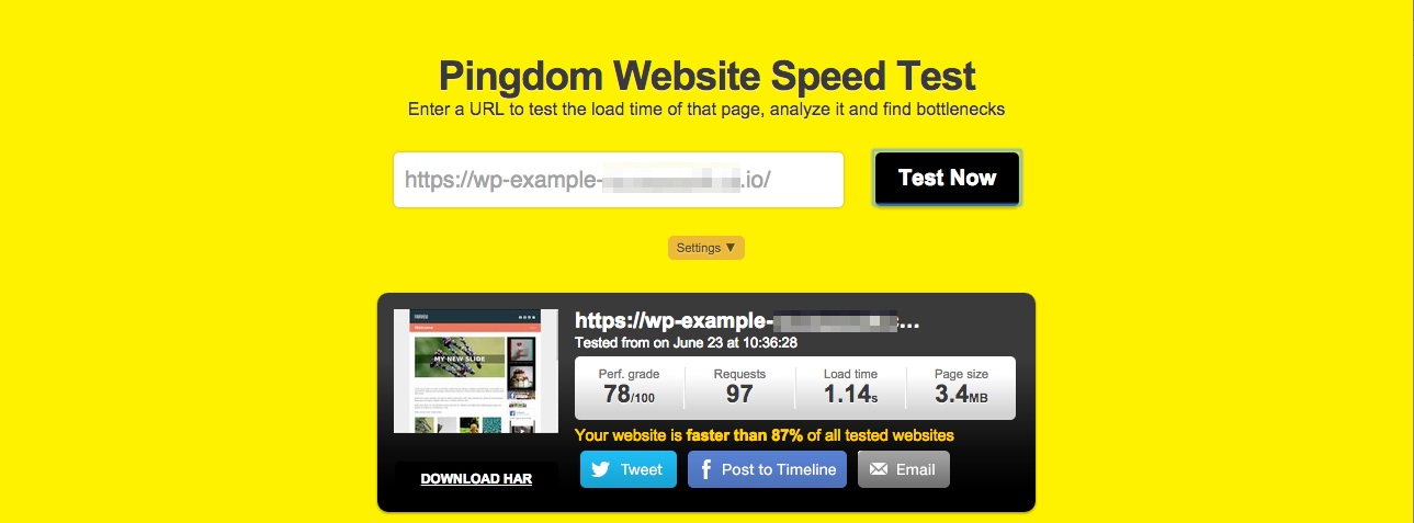 A screenshot of a Pingdom speed test score showing a load time of 1.14 seconds