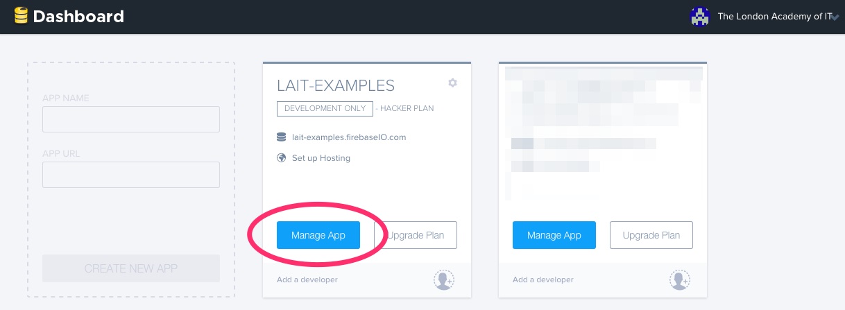 A screenshot showing the Firebase account Dashboard, with the Manage App button highlighted